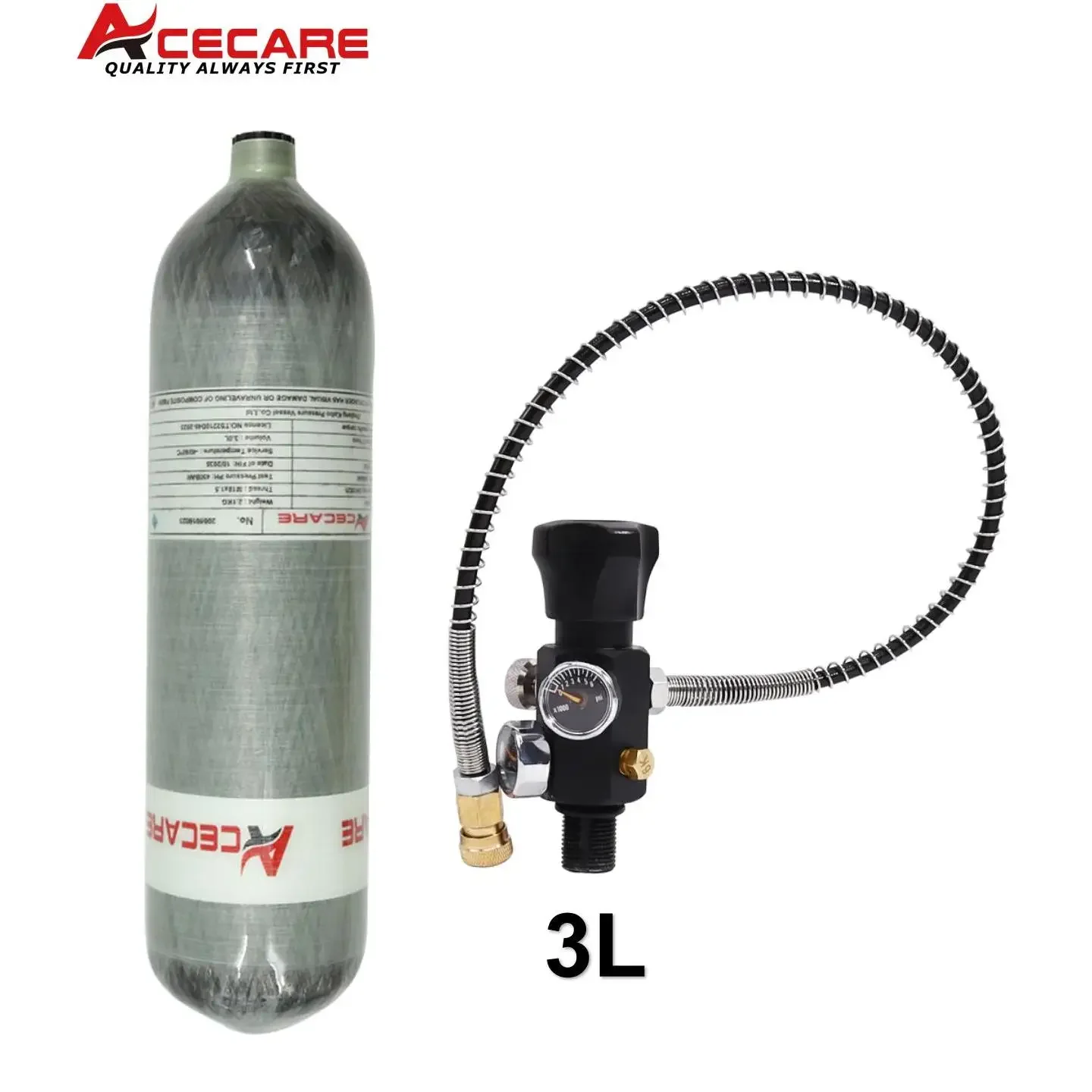 ACECARE 300Bar 4500Psi 3L Carbon Fiber CylinderHigh Pressure Tank HPA Double Meter Regulating Valve for Scuba Diving M18*1.5