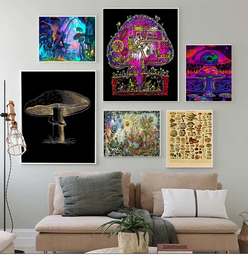 Posters and Print Psychedelic Magic Black light Wall Art Canvas Painting  bilder cuadros Trippy Visual Mushroom Mind Education