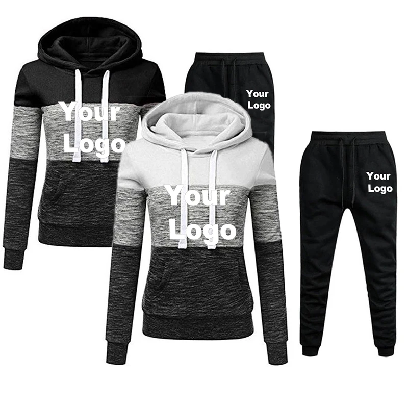 

Women Custom Logo Tracksuit Patchwork Hoodies+Sweatpants 2 Piece Set Autumn Fashion Casual Streetwear Female Pullover Suit