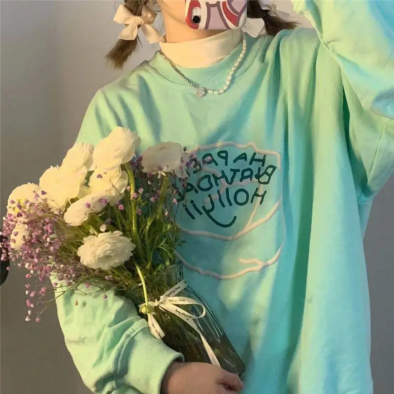 New Summer 2024 Women Refreshing Mint Green Vintage Colorful Loose Letter Printing Round Neck Casual All-match Long Sleeved Tops