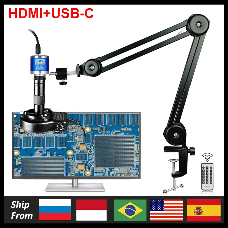 4K 48MP Industrial Microscope With Enhanced Stand, 150X Digital Video Microscope With USB-C HDMI Port For PCB Soldering Repair