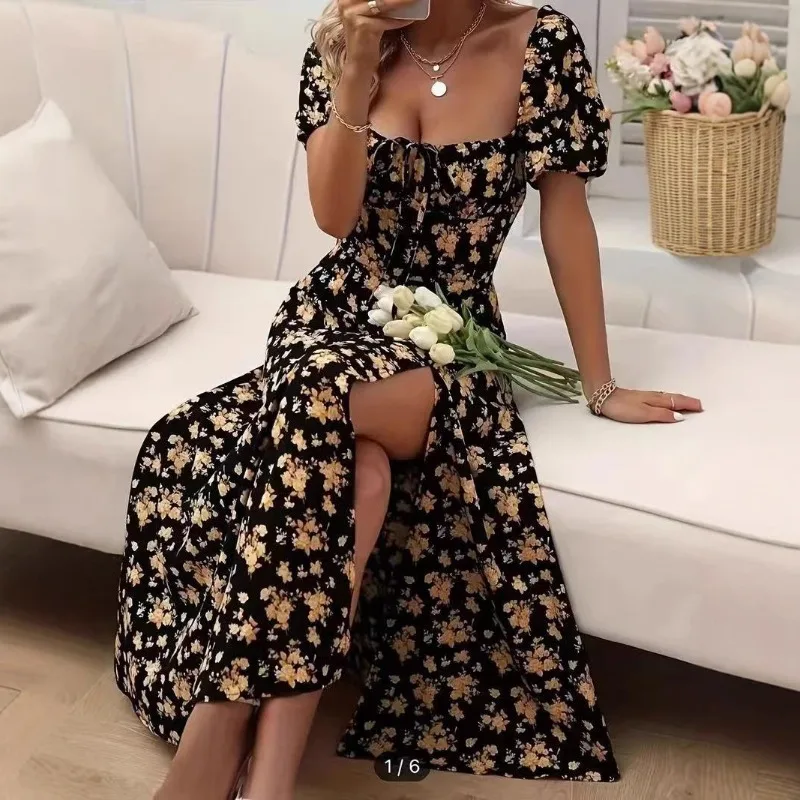 

Women Flower Print Long Dress Boho Holiday Outfits Square Neck Bandage Maxi Dress Y2k French Short Sleeve Split Dress Ropa Mujer