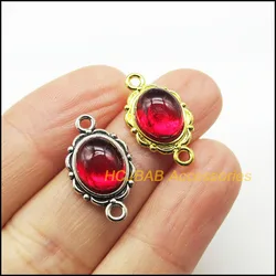 15 New Oval Charms Red Clouds Glaze Pendants Tibetan Silver Plated & Gold Color Connectors 12x21mm
