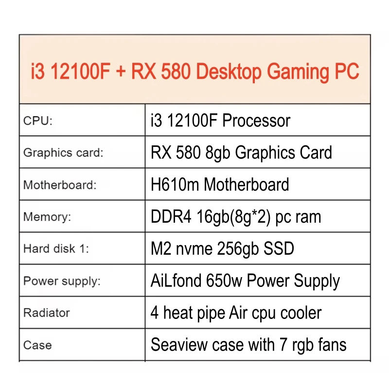 High Performance I3 12100f Desktop Gaming PC I3 All-in-One Desktop PC 16G DDR4 M2 RX580 H610M Rebuilt Gaming PC for Computer