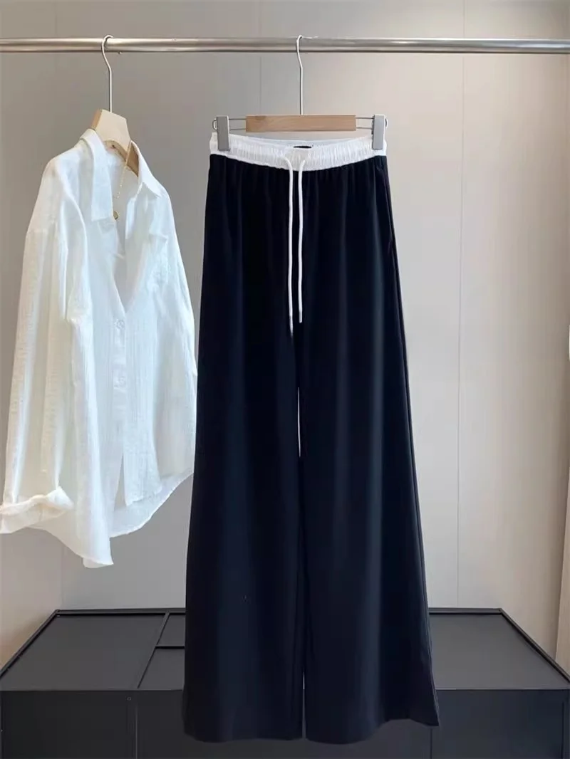 

Брюки с высокой талией и широкими штанинами, повседневные, свободные, прямого кроя, с эффектом стройности, с цветными вставками, на эластичном поясе с завязками, струящиеся, элегантные