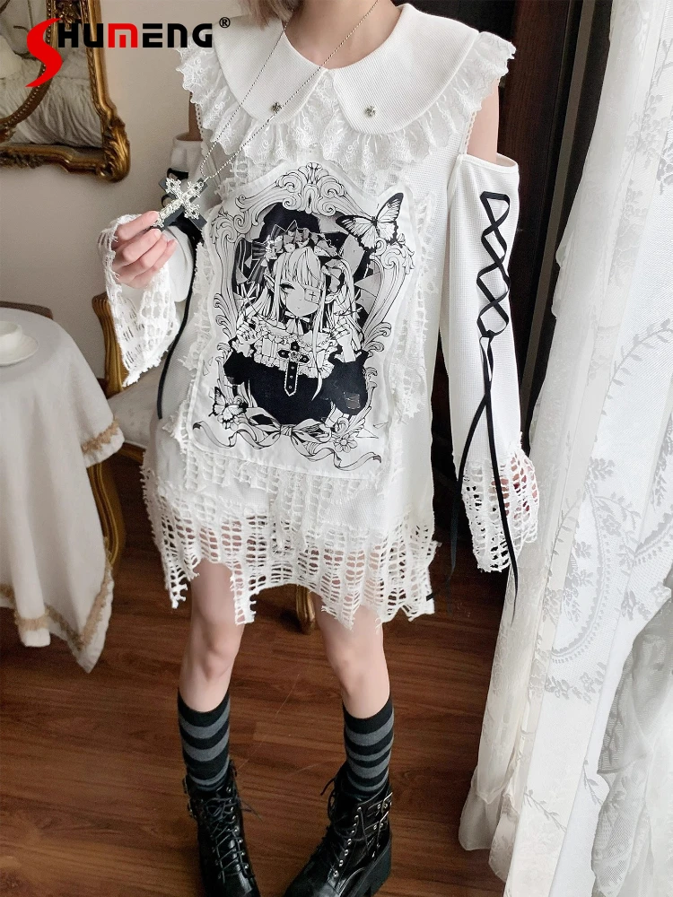 

Original Design Japanese Subculture White Dress Autumn New Girl Anime Print Sweet Cool Hollow Out Splicing Sleeves Dresses Op