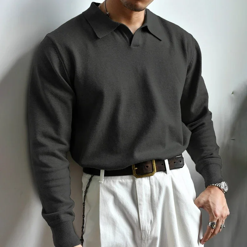 

Men's Lapel Knit Polo Shirts Autumn Solid Color Casual Knitwear Sweater Male Jumper Tops Fashionable Long Sleeve Polos Pullover