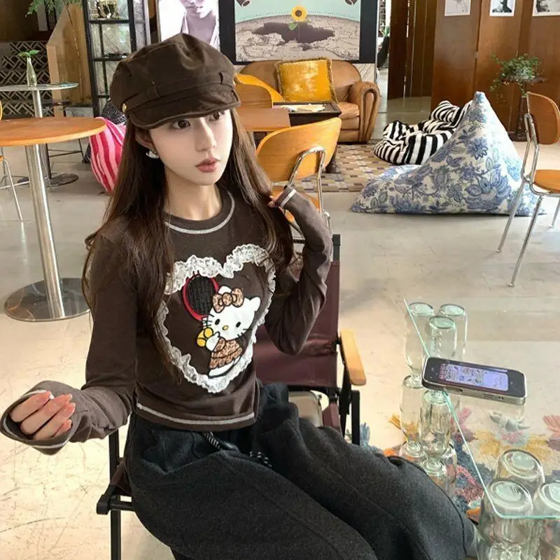 

Sanrio Hello Kitty, женская футболка с длинными рукавами на кружевной основе, осень/зима 2025, облегающий топ Kawaii, модный повседневный комплект в стиле аниме