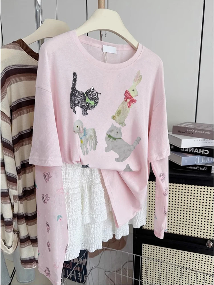 Coréen Sle Doux Amusant Imprimé Décontracté Or Sve T-shirt Lâche D'été Design Haut Tendance pour Hommes et Femmes