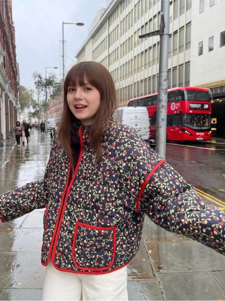 

Floral Print Cotton Coat For Women 2025 New Autumn Winter Vintage Button up Pocket Long Sleeve Jacket Coats Fashion Outerwear