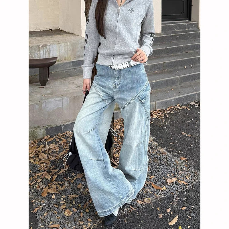 

ZHIZOU женские синие готические мешковатые джинсы-карго Y2k Harajuku эстетические японские джинсовые брюки 2000-х годов винтажные брюки мусорная одежда