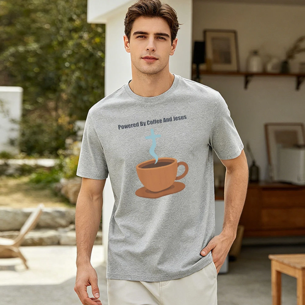 Powered By Coffee and Jesus Christian Graphic T-Shirt Cute Coffee Cup with Cross Steam Religious Humor Tee Men Women Cotton Tops