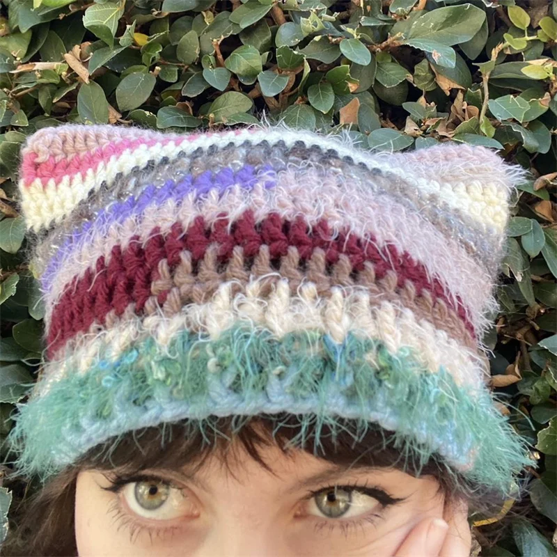 Handmade crocheted Rainbow stripes Color matching hat For women Girls y2k style Commuter fisherman hat Cute cat ears warm hat