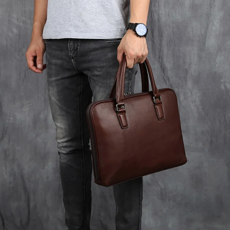 Tas kantor kulit asli pria, dengan ritsleting Vintage tas tangan bisnis tas Messenger bahu 14 inci tas Tote Laptop untuk pria