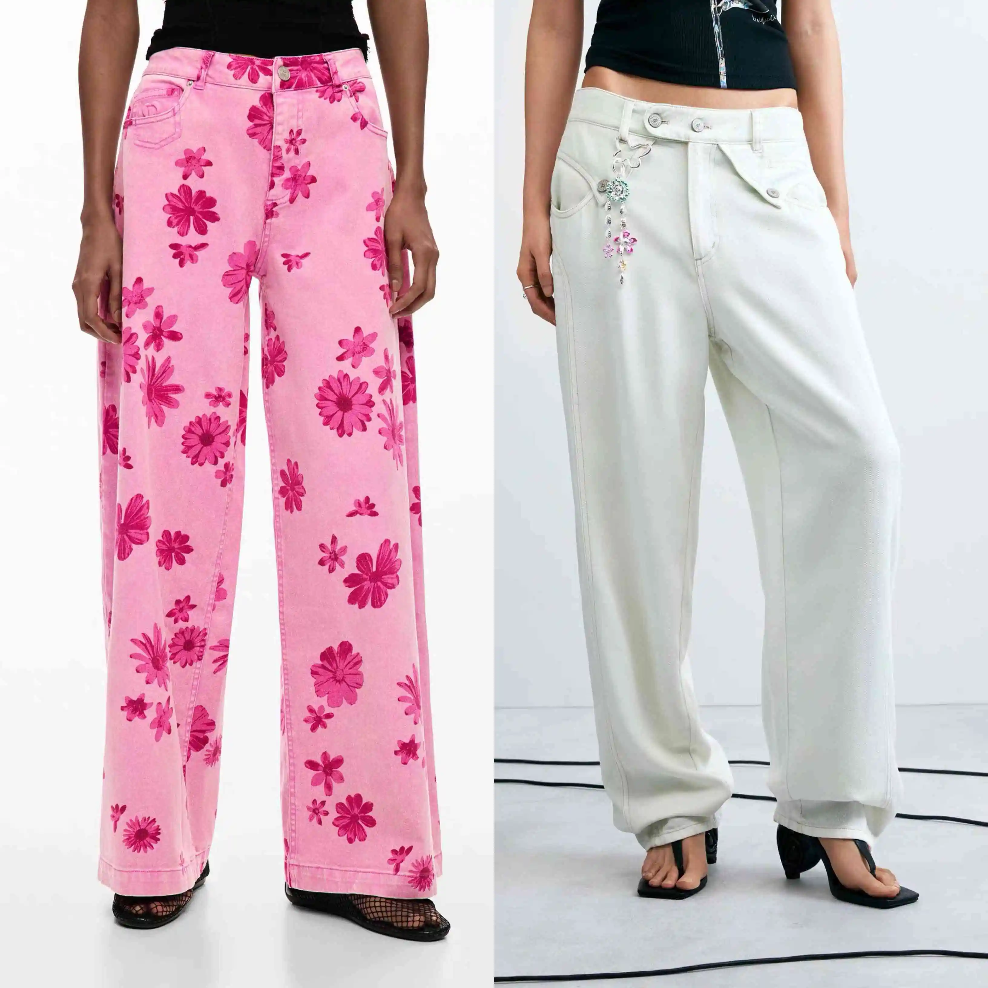 Foreign Trade Spain Original Single Women's Jeans Graffiti Printed Casual Loose Wide Leg Pants