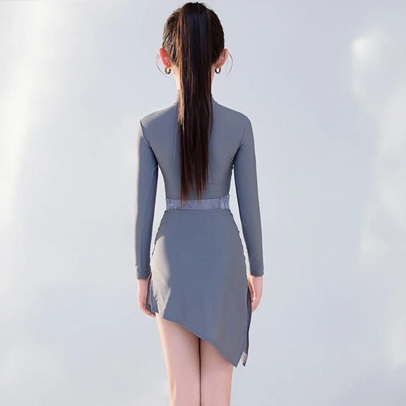 فستان مسابقة الرقص باللون الرمادي للفتيات بأكمام طويلة طقم تنورة للأداء اللاتيني ملابس المسرح للأطفال ملابس الرقص 2562