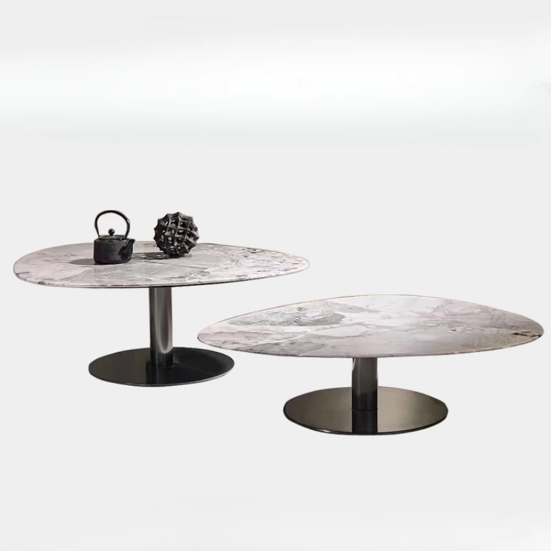 

Natural marble oval stainless steel coffee table modern light luxury stone coffee table combination small apartment