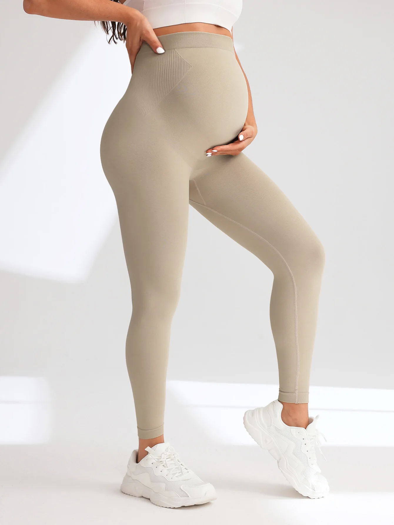 Neue Nahtlose Gestrickte Yoga Hosen Hohe Taille Schwangerschaft Leggings Mutterschaft Kleidung für Schwangere Frauen Bauch Unterstützung Körper Lange Hosen – Detail 8