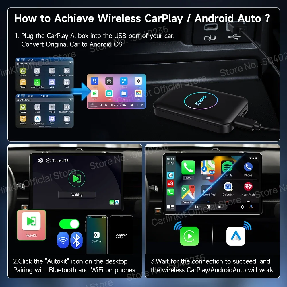 CarlinKit Carplay Smart TV Box 2024 Беспроводной Android Auto Четырехъядерный процессор 3 + 32G AI Box Android 10 Беспроводной адаптер 3 в 1 для Nexflit