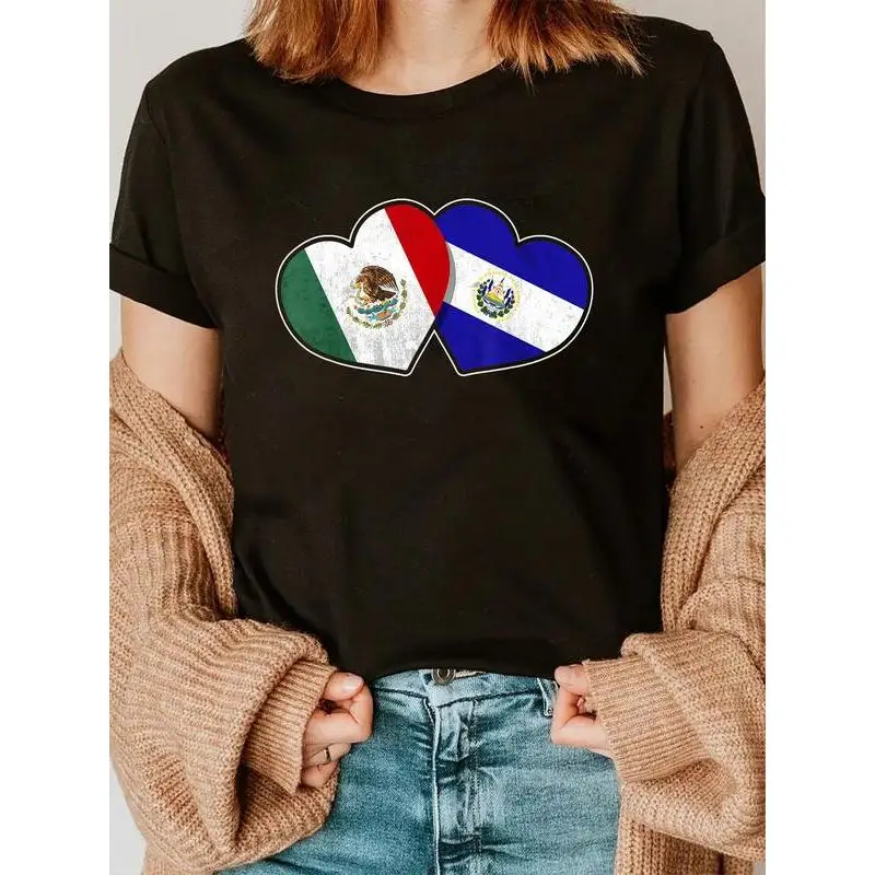 

Mexico El Salvador Flag Heart T-Shirt Patriotic Friendship Cultural Blend Print Short Sleeve Cross-Border Couple Top Unisex