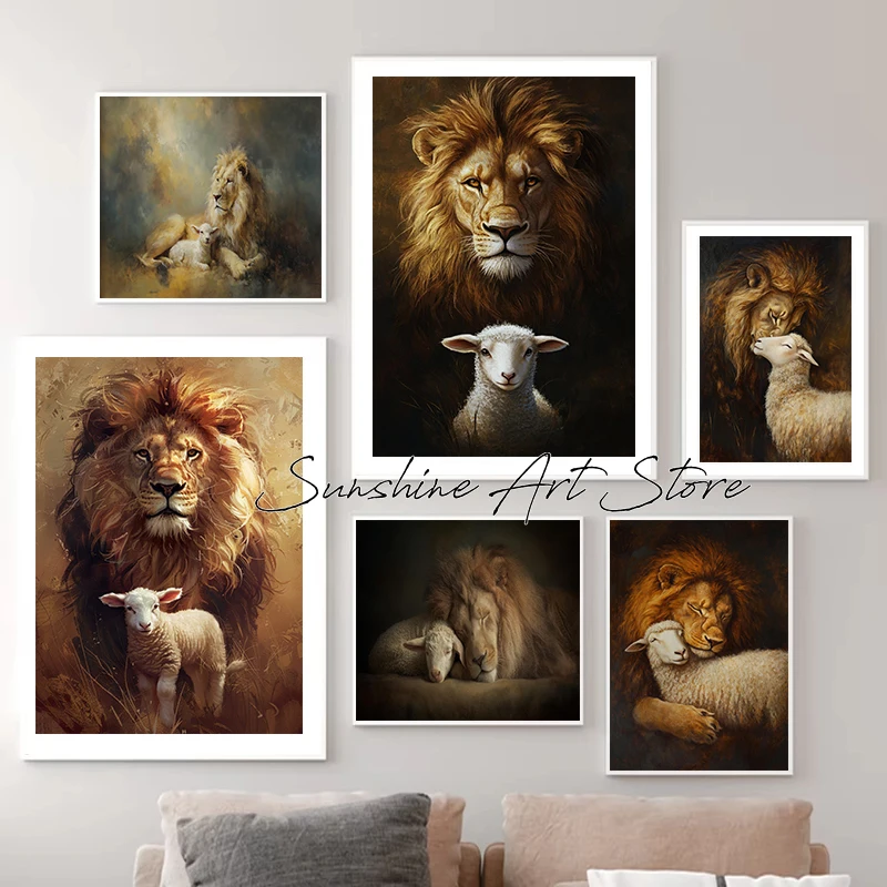 Lion and Lamb Harmony Peaceful Christian Spiritual Strength Serenity Inspirational Poster Canvas Painting Wall Picture Art Decor