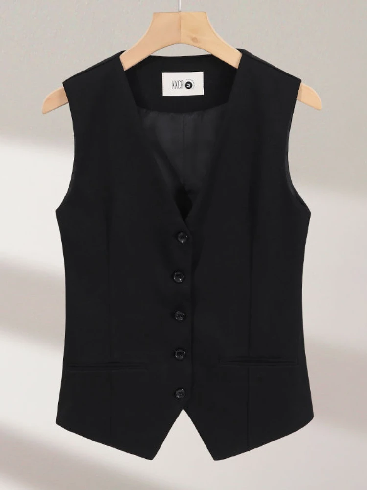 Office Lady Casual Vest Women Classic Black Pockets Waistcoats Woman Elegant Slim Sleeveless Outerwear Chic Veste Femme Q198