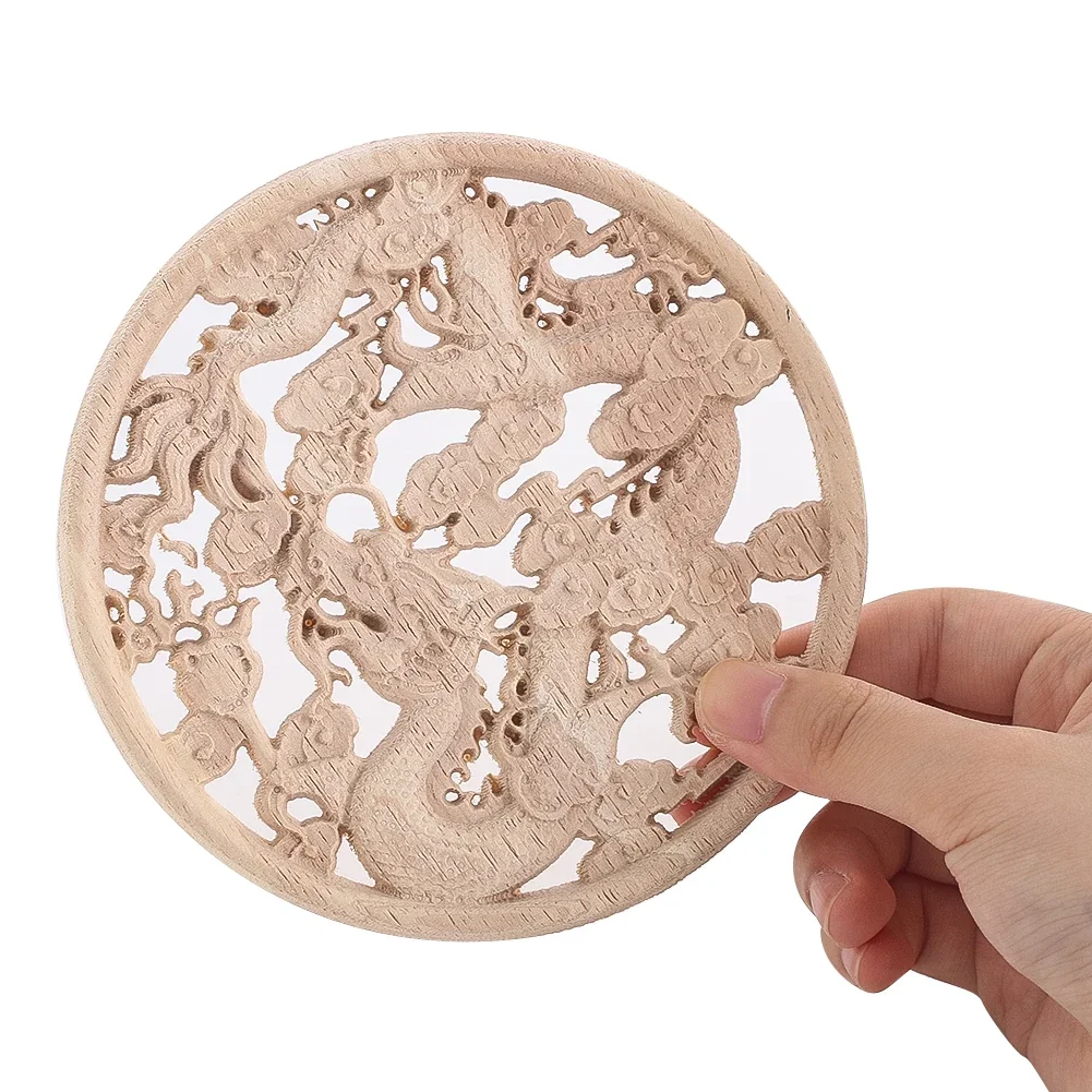 Hot - Sale Retro - Style Unpainted Chinese Dragon Oval Wood Appliques for Home Furniture and Wall Decoration Made of Rubber Wood