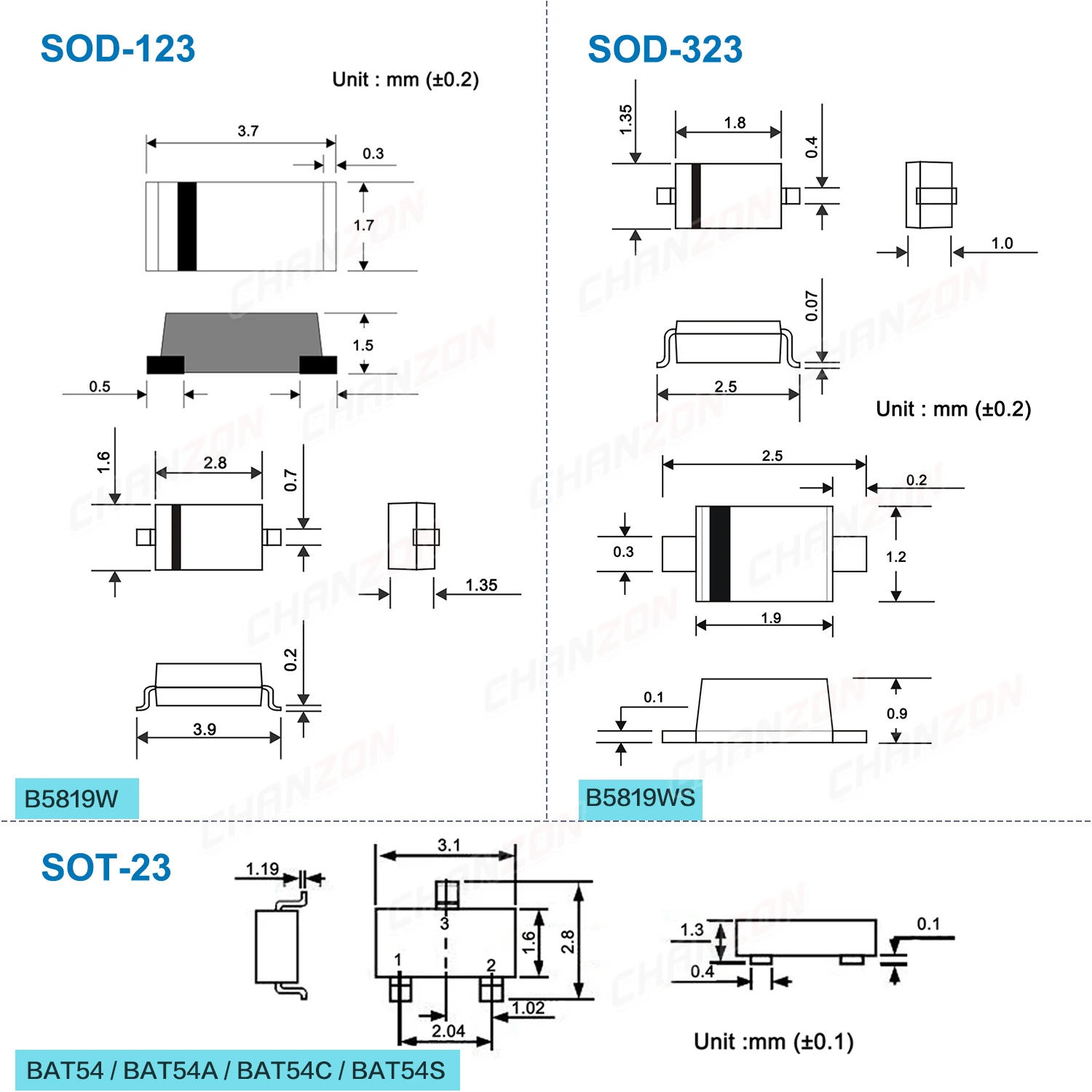 B5819W B5819WS BAT54 BAT54A BAT54C BAT54S SMD Schottky Barrier Rectifier Diode Marking SL KL1 KL2 KL3 KL4 200mA 1A 30V 40V