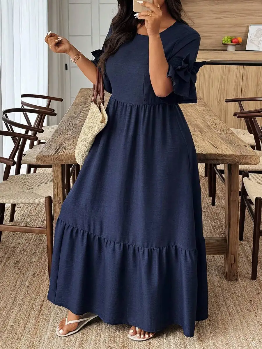 

Navy Blue Plus Size Round Neck Ruffle Sleeve Tiered Maxi Dress