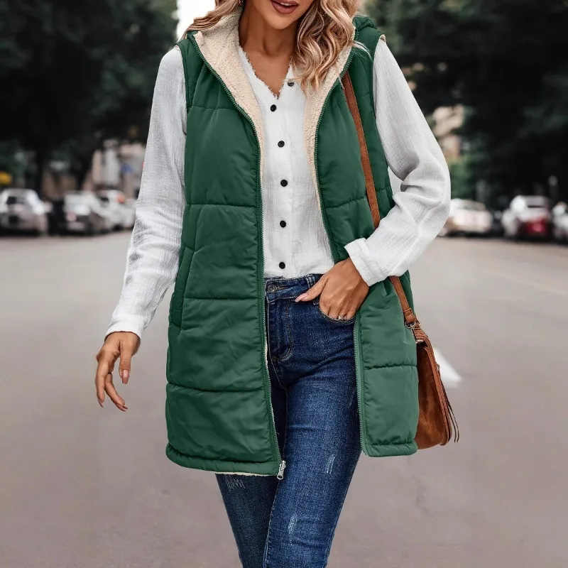 Women's Clothing Solid Warm Hooded Cotton Coat Vest Reversible Slim Elegant Cardigan Outerwear Vest Winter Clothes Women
