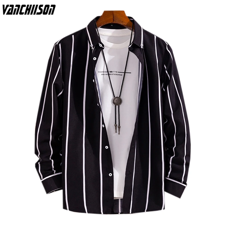 

Men Stripes Shirt for Summer Spring Long Sleeve 100% Polyester Black Turndown Collar Male Fashion Casual Clothing 00588