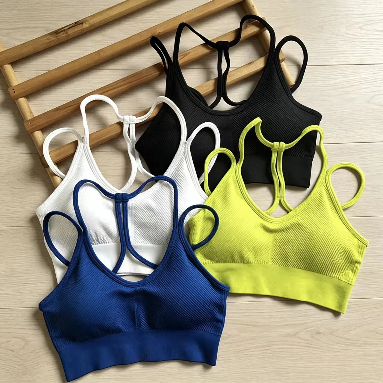 Women's Seamless Stretchy Backless Spaghetti Strap Sports Bra Tank Top - with Bra Pads for Yoga & Fitness
