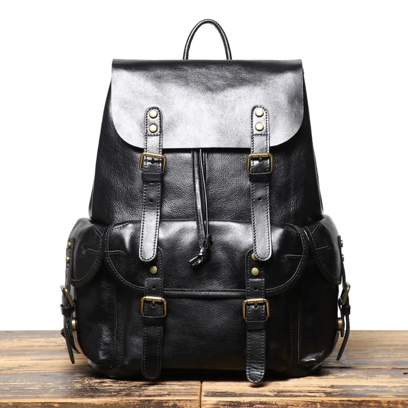 

Мужской рюкзак из натуральной кожи из высококачественной воловьей кожи с завязками, вместительная сумка для ноутбука для деловых поездок и путешествий