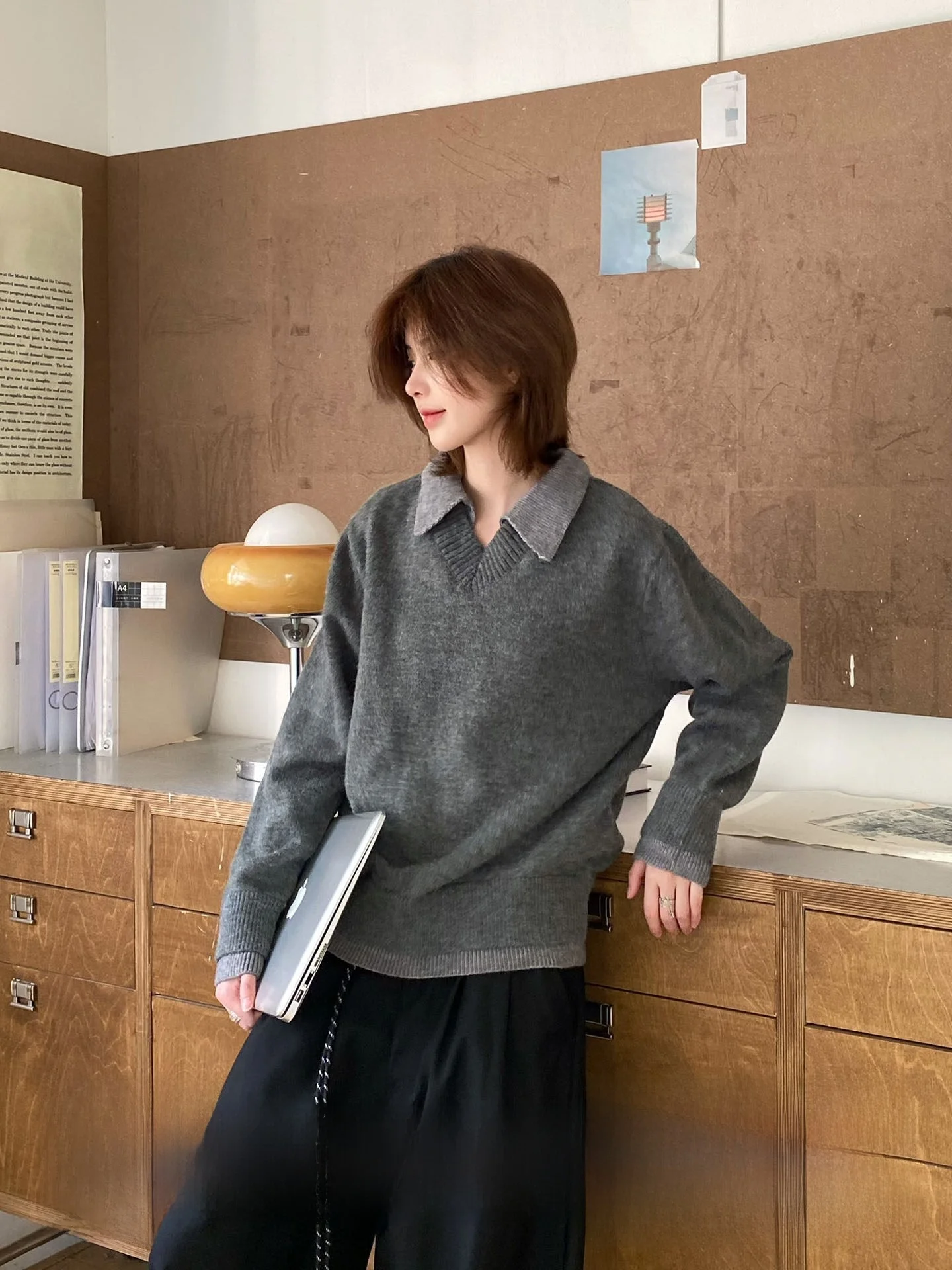 

Ja1 Retro High Intelligence Fake Two-Piece Knitwear Loose Winter Versatile Color Couple Sweaters Warm Thermal Long Sleeve