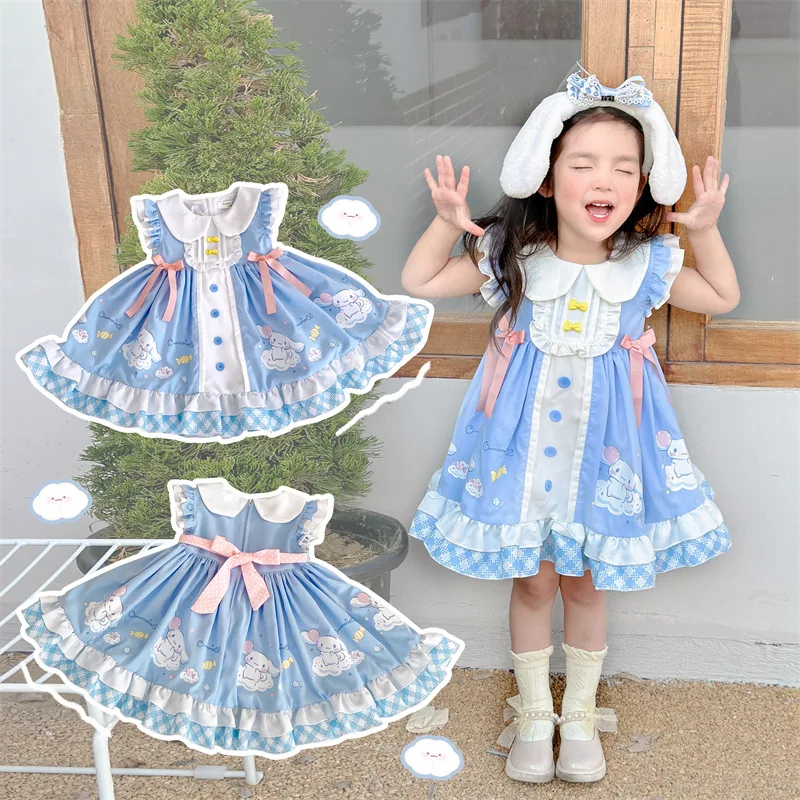 Kawaii Kuromi Cinnamoroll Children\'s Sweet Baby Lapel Princess Dress Summer Anime Sanrios Girly Heart Cute Cake Skirt Dress