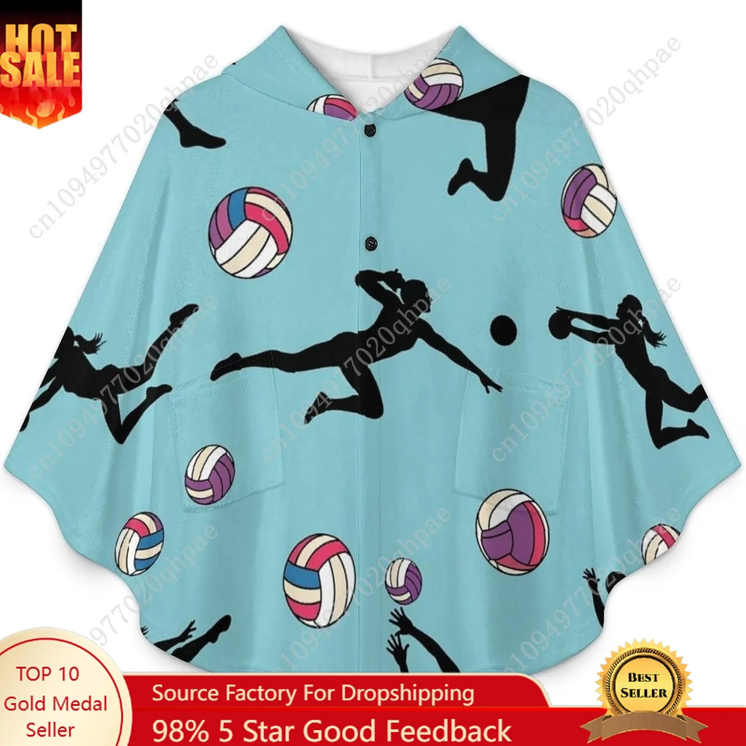 سترة بطانية مريحة من الفلانيل، صور ظلية لعازفي الكرة الطائرة، هوديي كبير الحجم مع جيوب للأطفال والمراهقين #1