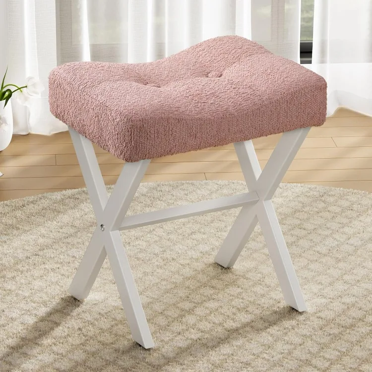 Vanity Stool, 18 Inch Saddle Seat Makeup Stool with Metal X Legs, Breathable and Soft Boucle Fabric Footrest, Ottoman Foot Rest