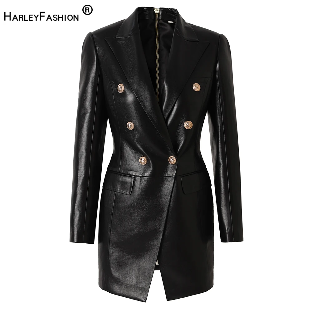 Autumn Winter High Quality PU Leather Women Long Black Blazers Street Luxury Double Breasted Lady Jackets