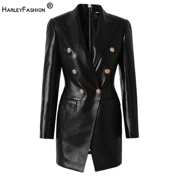 Sonbahar kış yüksek kalite PU deri kadınlar uzun siyah Blazers sokak lüks çift göğüslü bayan ceketler