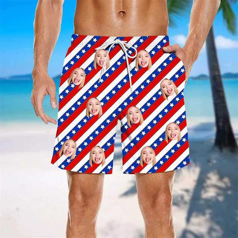 

Custom Face American Independence Day Beach Shorts Men 3D Flag Print Summer Swim Trunks Personalized July 4th Party Board Shorts
