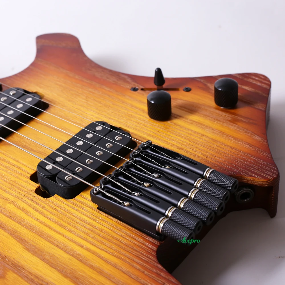 

In Stock Acepro Sunburst Color Headless Electric Guitar Roasted Maple Neck, Stainless Steel Frets 2 Humbuckers Guitarra
