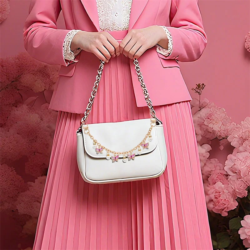 HOLIN Pink Butterfly Purse Chain Charm 26CM Gold Chain Bag Keychains Luxury Colgantes Para Bolsas Decorativos Tasche Charms