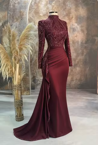 Burgundy Sparkly Muslim Evening Formal Dresses Sparkly Applique Long Sleeve High Neck Ruched Prom Engagement Dress Customized