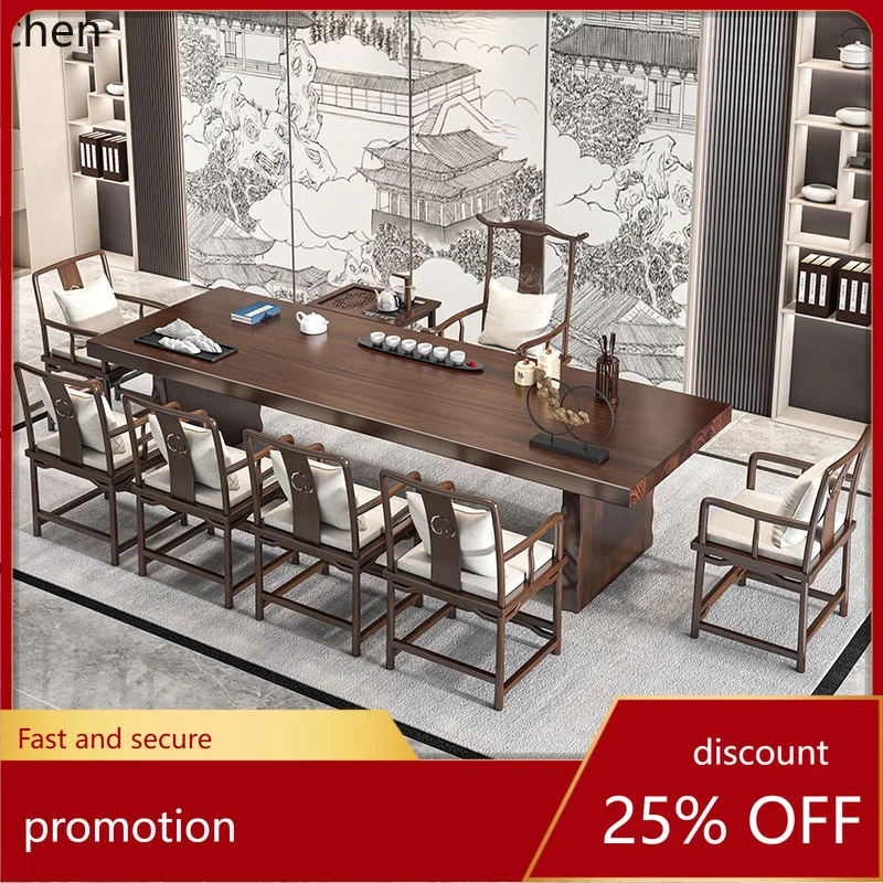 

HXL Solid Wood Tea Table New Chinese Zen Office Tea Table Kung Fu Large Board Tea Table and Chair Combination