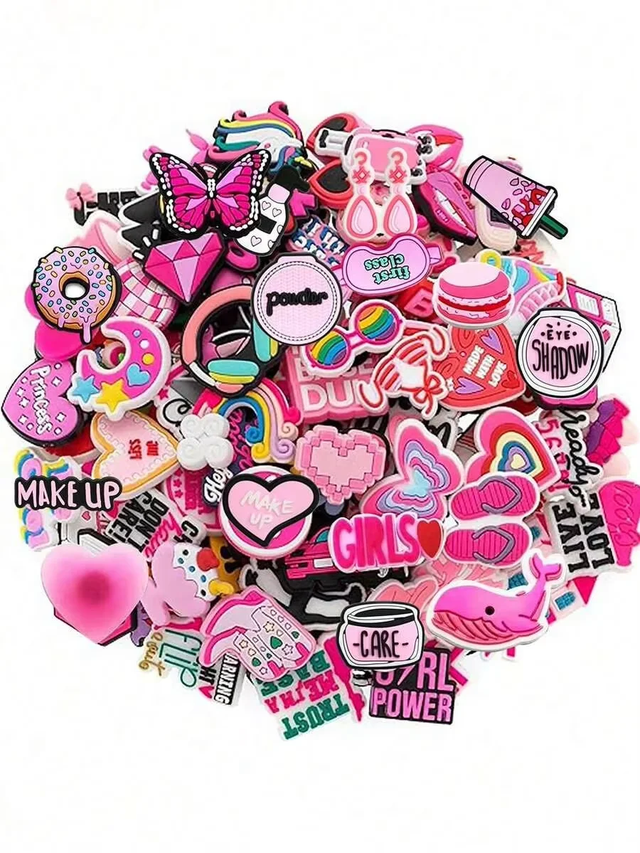 Random 10-200Pcs Pink Series DIY Charms For Shoe Key Chain Sandals Beach Bags, PVC Shoe Charms For Clogs Premium Quality Popular