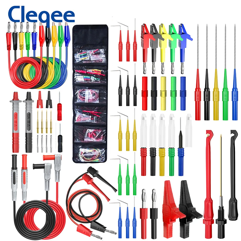 Cleqee P1957 Multimeter Wire Piercing  Probes Test Leads Kit with Puncture Needle 4mm Banana Plug Alligator Clip 64PCS