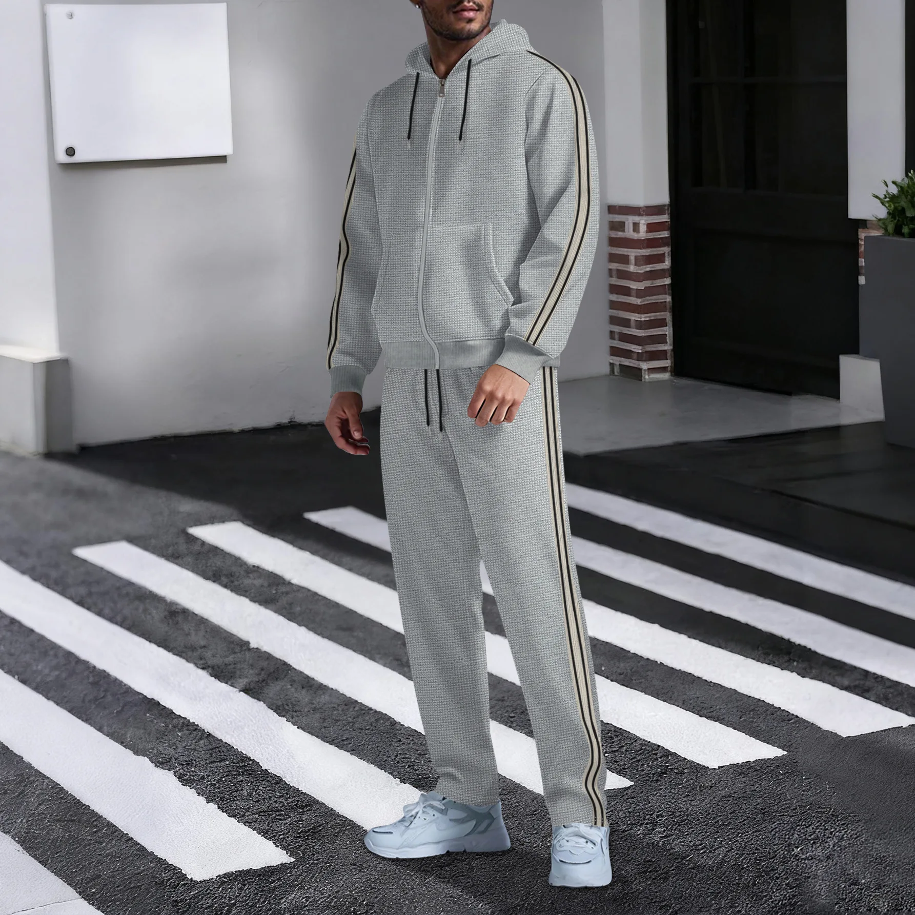 New men's outdoor sports casual hooded cardigan set - autumn fashion trend - pocket lace long-sleeved long pants two-piece set