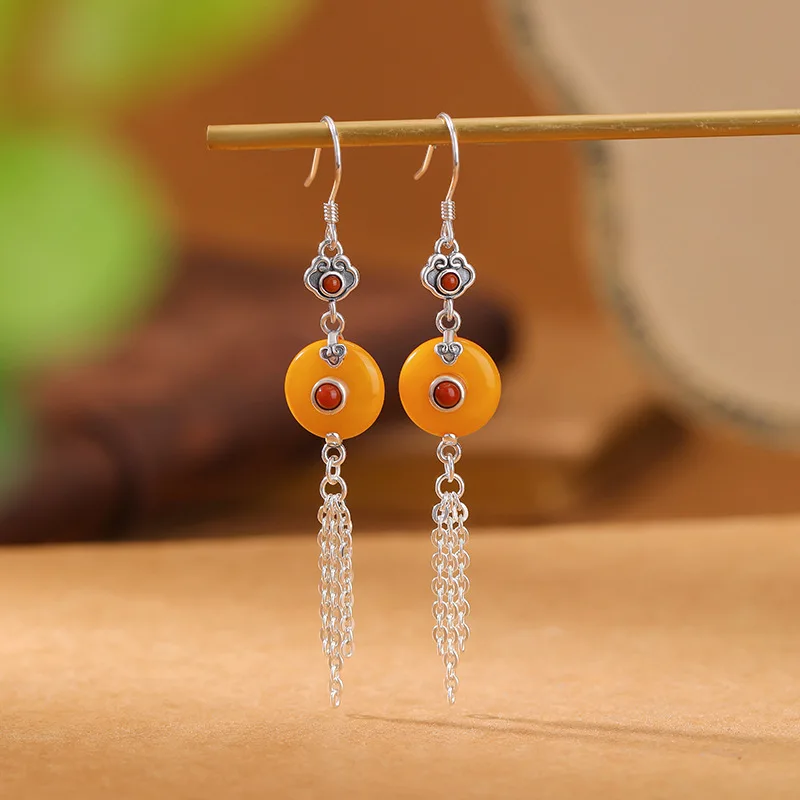 

S925 Sterling Silver Amber Red Ruyi Peace Tassel Hook Earrings Versatile Niche