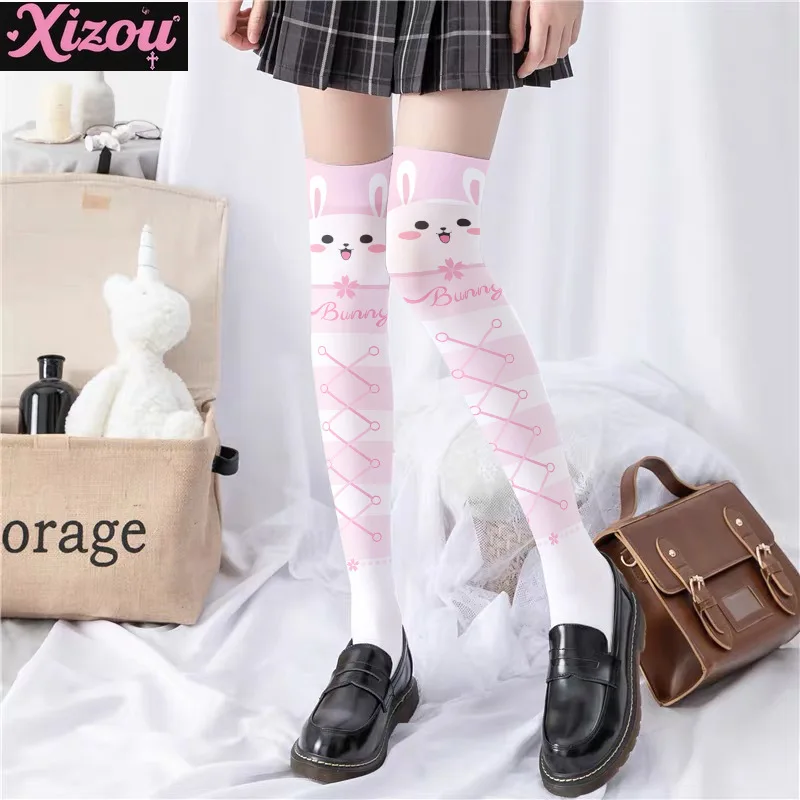 

Soft Cute Girl Kawaii Print Stockings Thin Female Spring and Autumn Japanese Lolita Cute Anime Knee Long Tube White Velvet Socks
