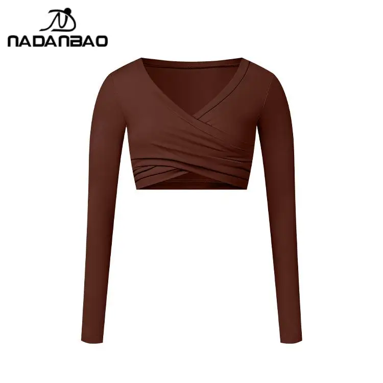 NADANBAO Yoga Shirts Sport Outfits for Woman V-Neck Long Sleeve Tops Slim Fit Sexy Shirt Fashion Fitness Workout Yoga Crop Tops